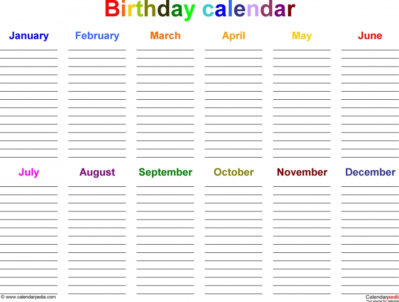 12 Month Birthday Calendar Template :-Free Calendar Template