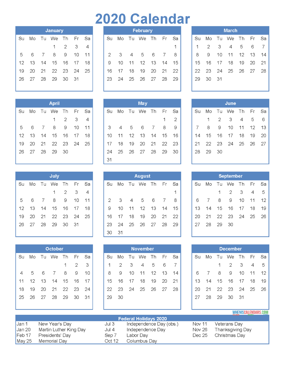 12 Month Calendar On One Page 2020 Printable Pdf, Excel