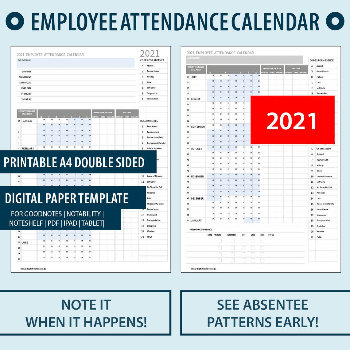 2021 A4 Printable Employee Attendance Absentee | Etsy