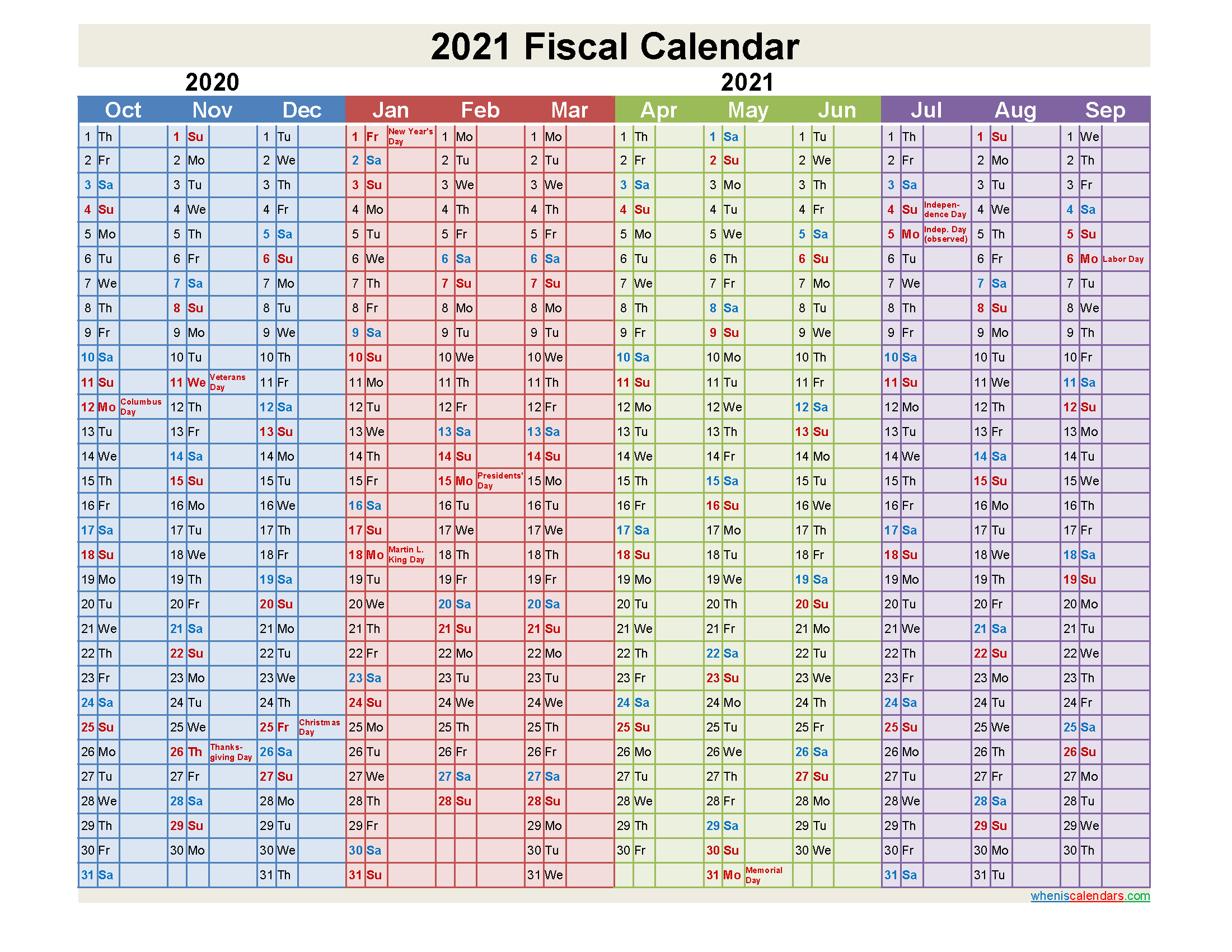 2021 Fiscal Calendar - Template Nofiscal21Y2