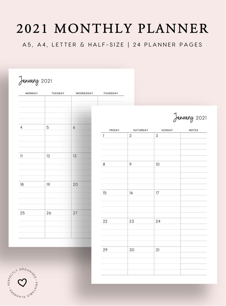 2021 Lined Monthly Planner Printable 2021 Month On 2 Pages