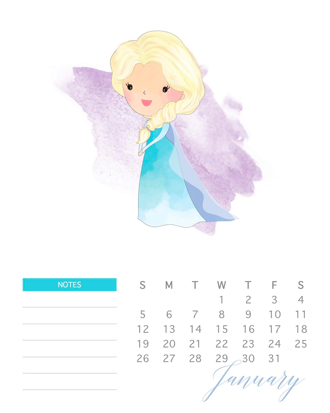 August 2020 Printable Calender Disney Princess | Example