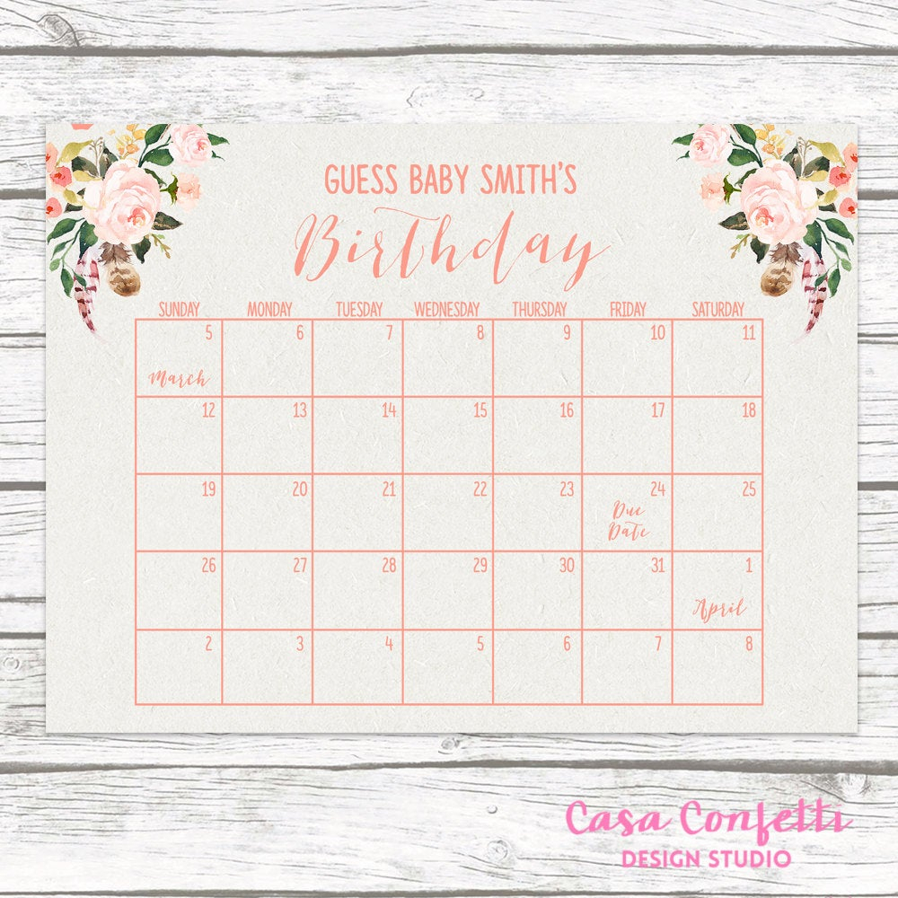 Boho Due Date Calendar, Guess Baby&#039;S Due Date, Baby Shower