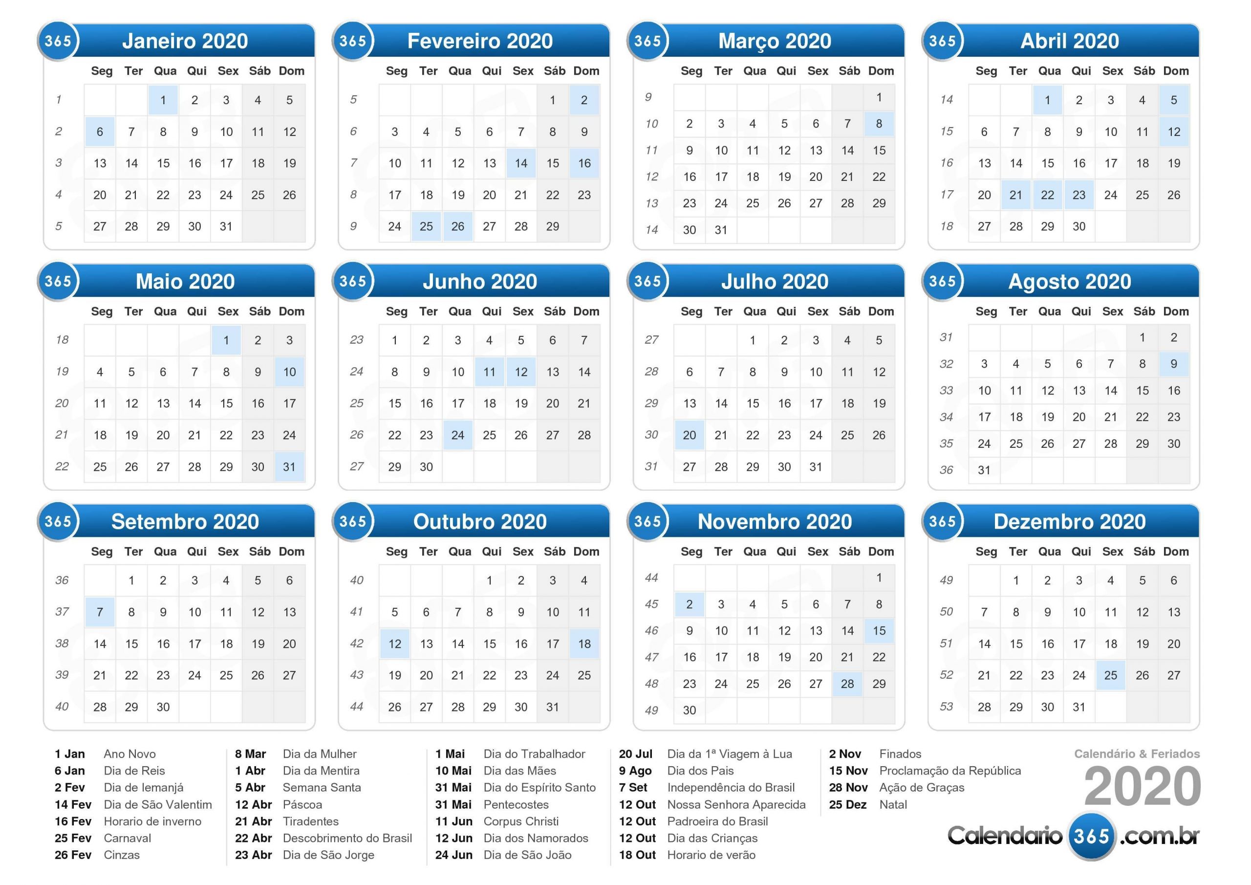 Calendário 2020 | Calendário Gratuito Para Impressão