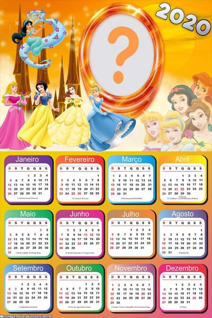 Calendário 2020 Das Princesas Disney Moldura | Colagem De Foto