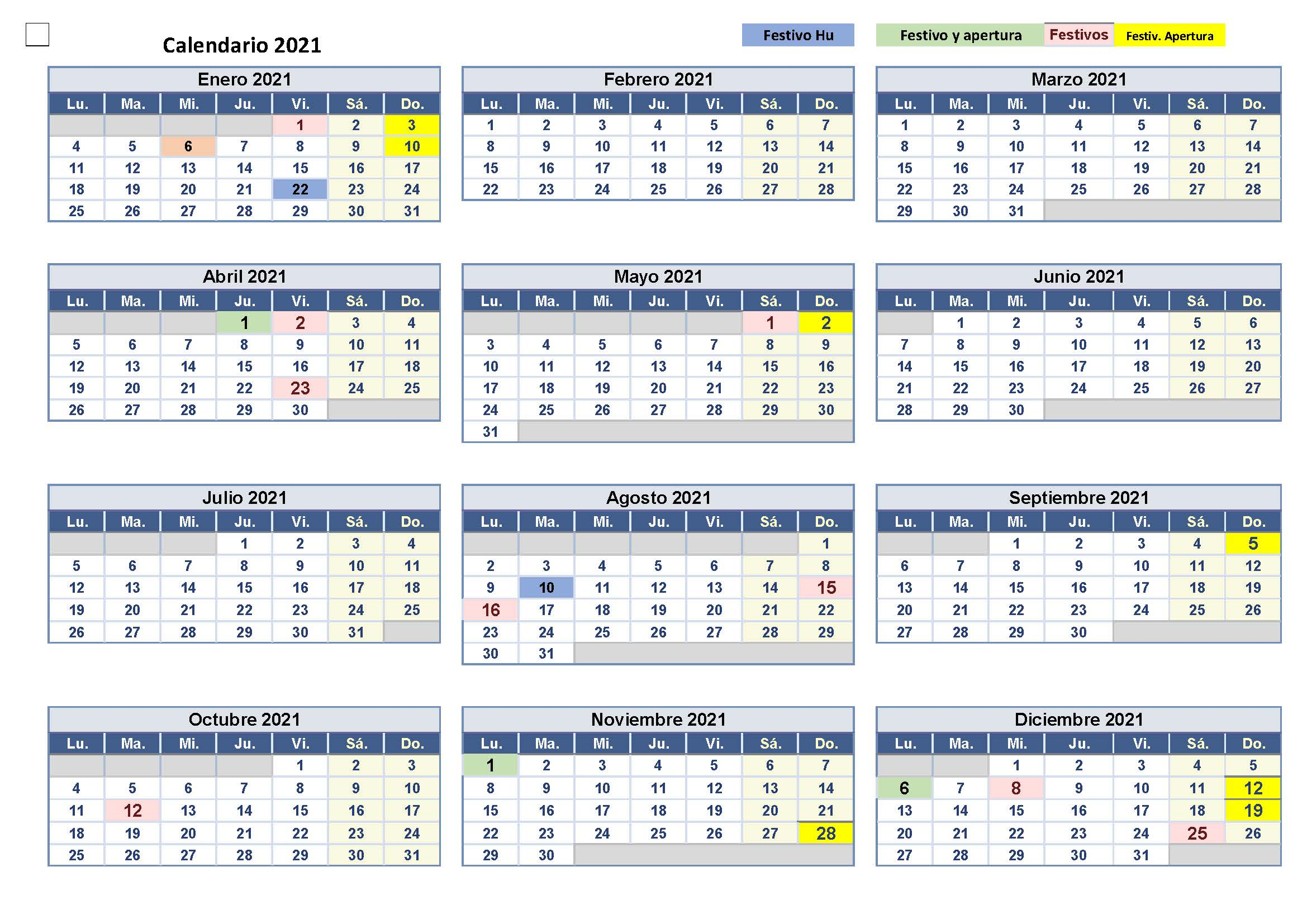 Calendario 2021- Festivos, Festivos Apertura Y Fiestas