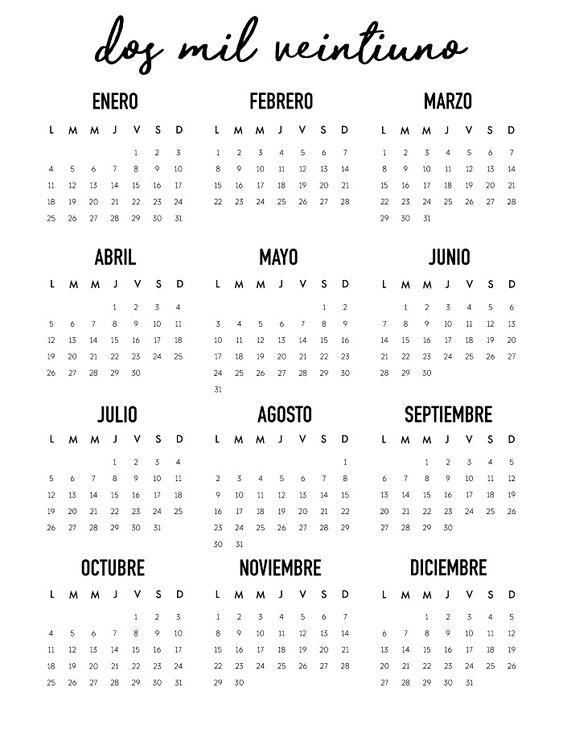 Calendario 2021 Para Imprimir (Anual Y Mensual