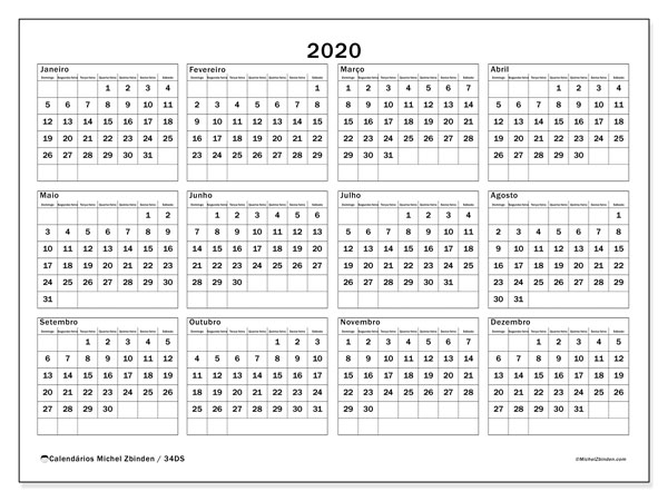 Calendário Anual 2020 - 34Ds - Michel Zbinden Pt