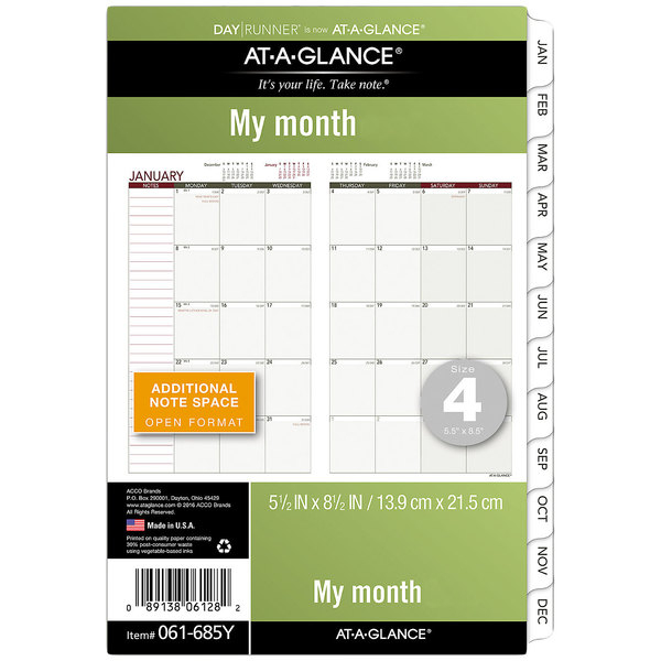 Day Runner 061685Y 5 1/2&quot; X 8 1/2&quot; Monthly Planning Pages