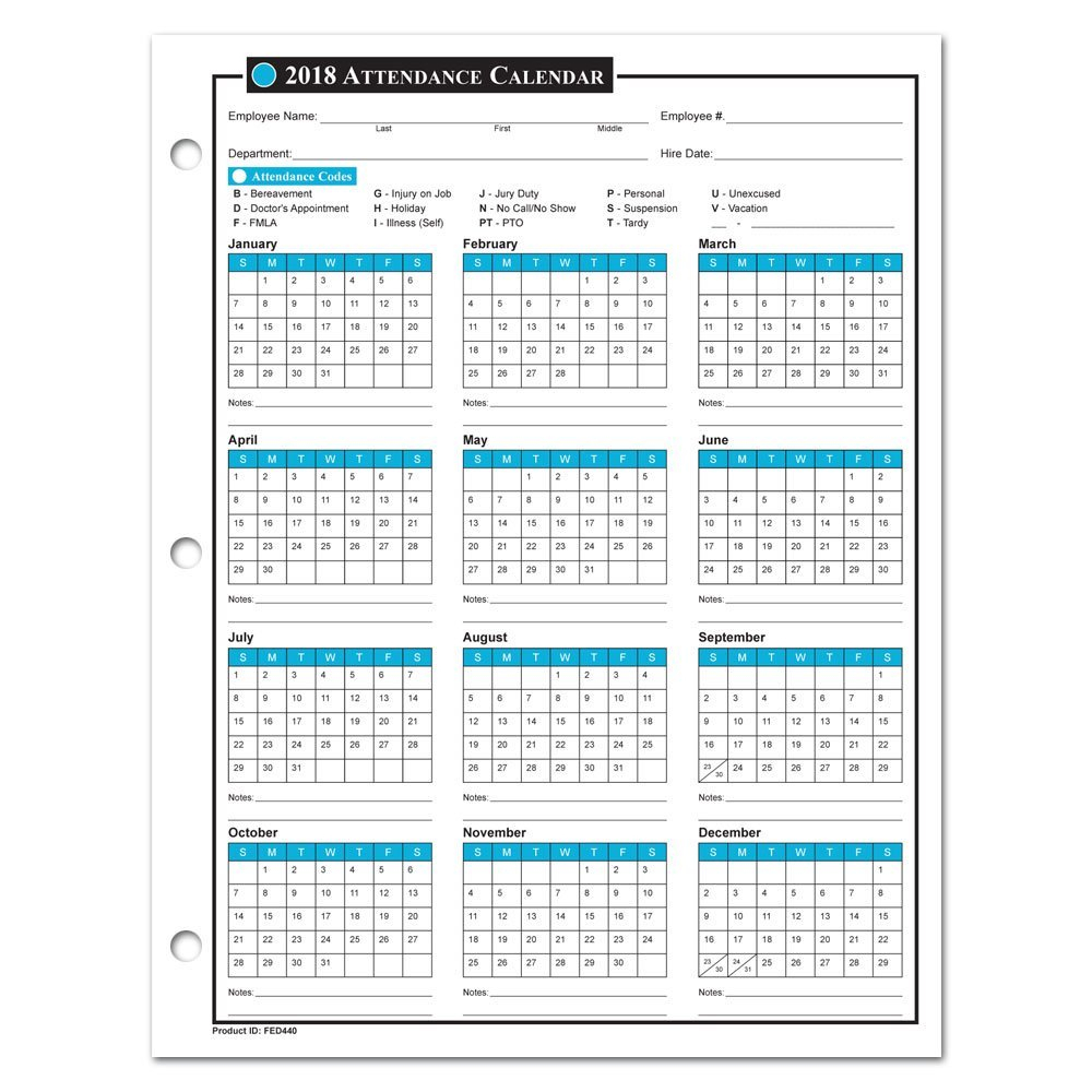 Employee Attendance Calendar 2018 - Free Tracker Pdf Excel