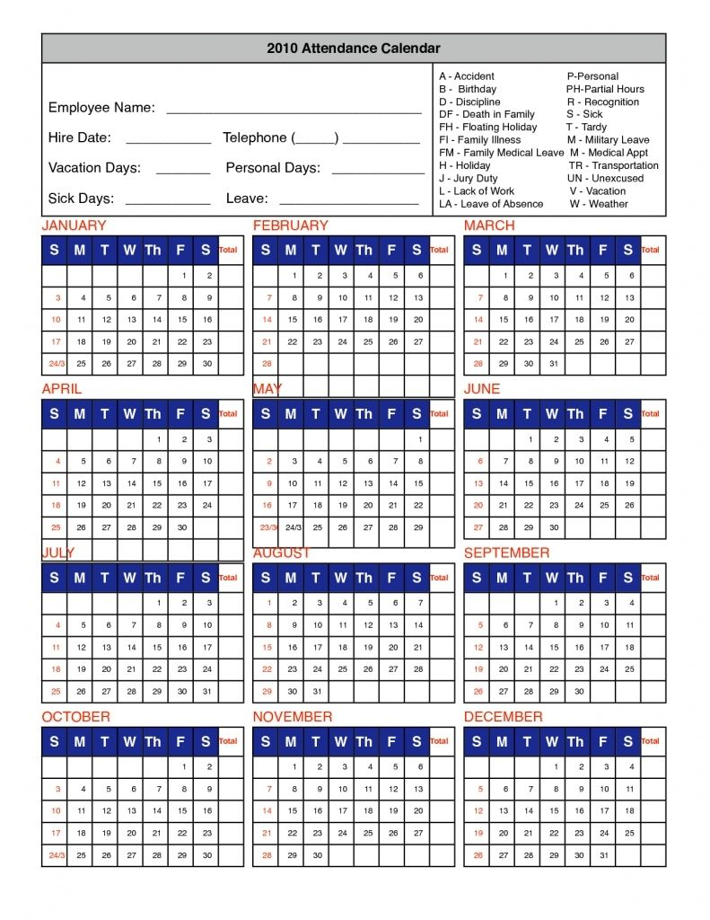 Free Printable Employee Attendance Calendar 2022