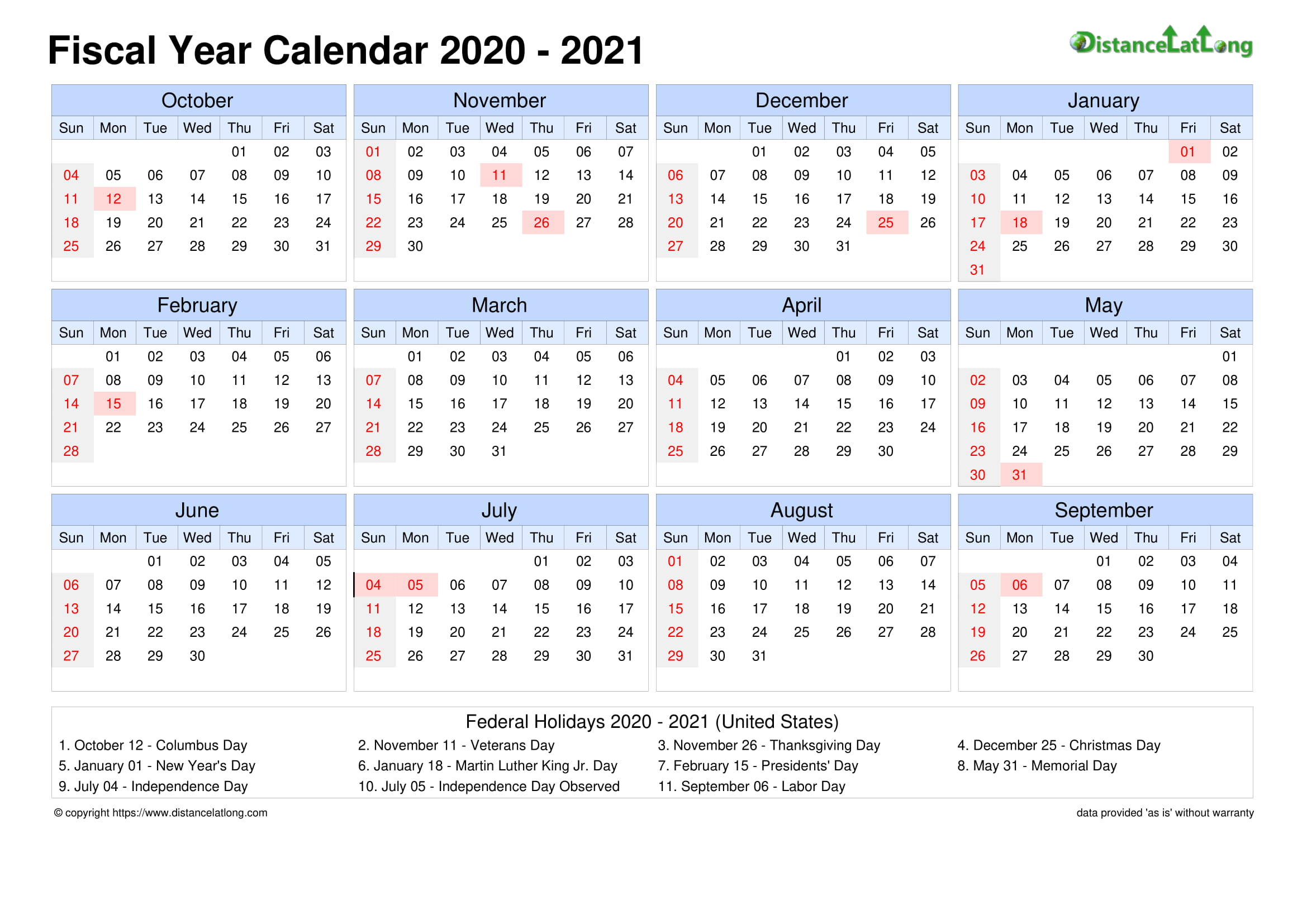 Fiscal Landscape Calendar Vertical Outer Border Sunday To