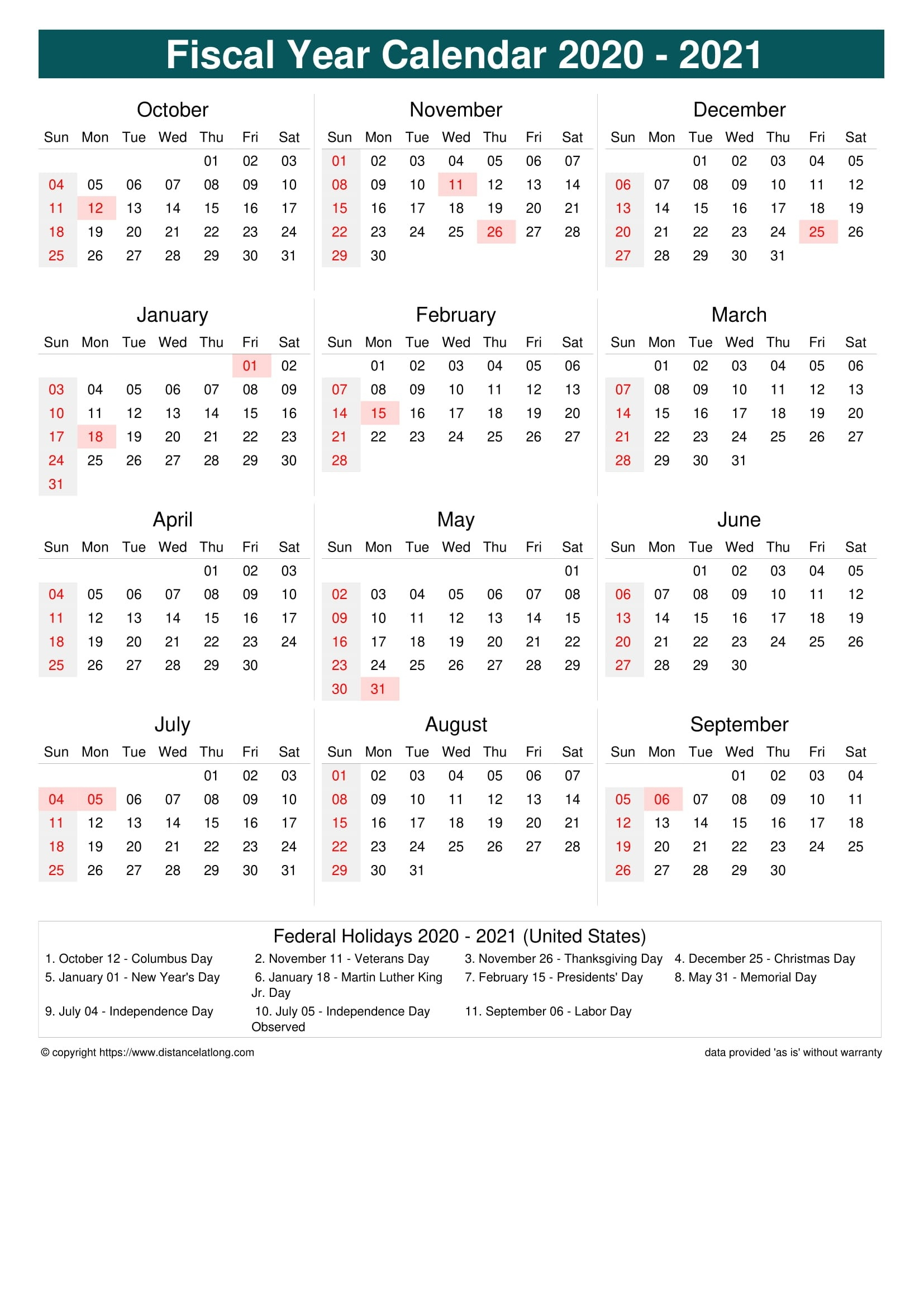 Fiscal Year 2021 Calendar Free Calendar Template 2023