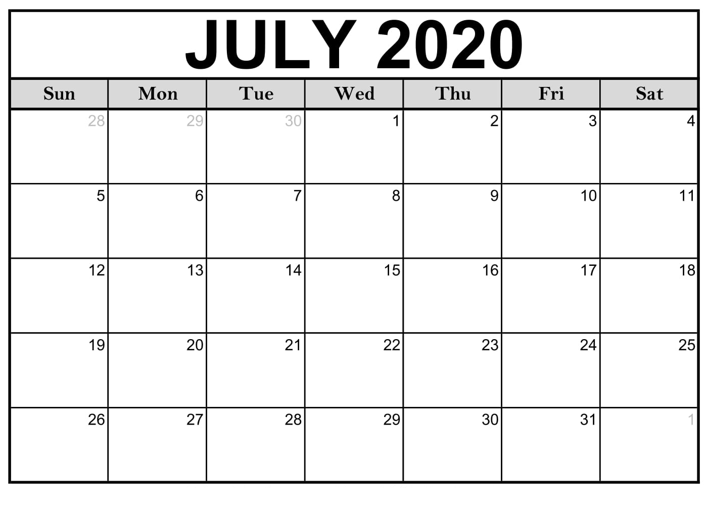 Free Printable July 2020 Calendar Template In Editable Format