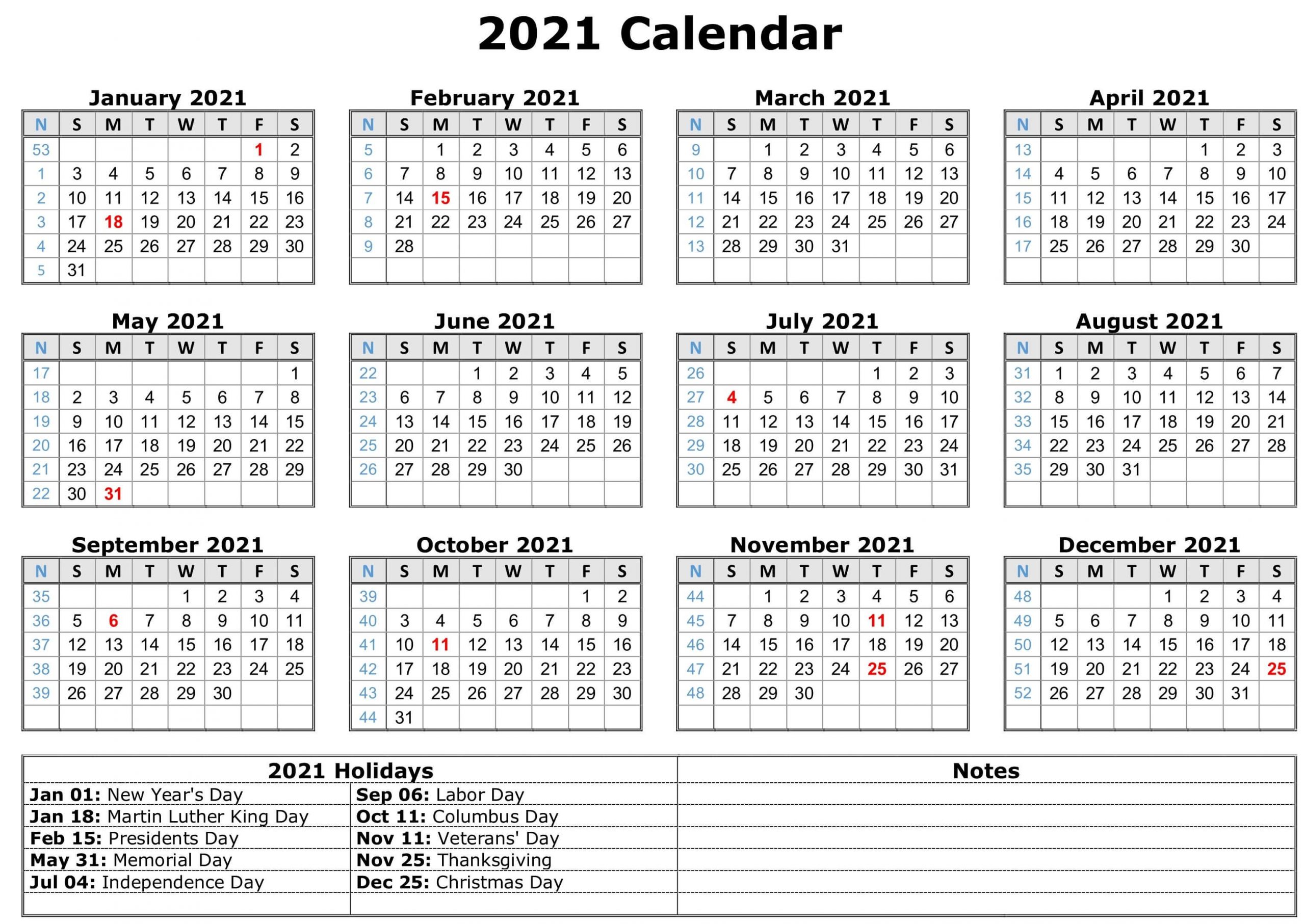 Free Yearly Printable Calendar 2021 With Holidays