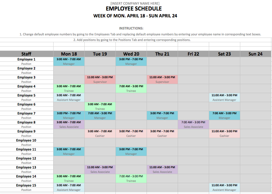 Monthly Employee Schedule Template Excel | Shatterlion