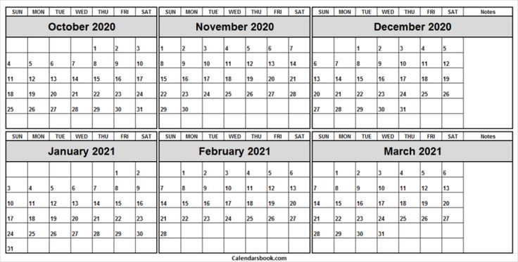 October 2020 To March 2021 Calendar Template - Blank