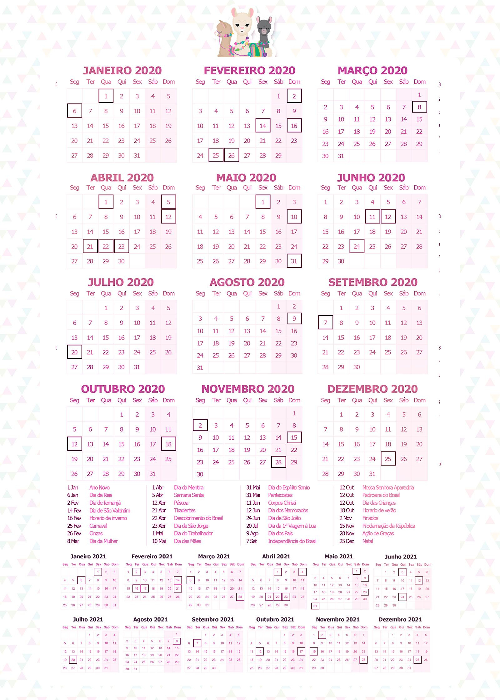 Planner 2020 Lhama Rosa Calendario - Fazendo A Nossa Festa