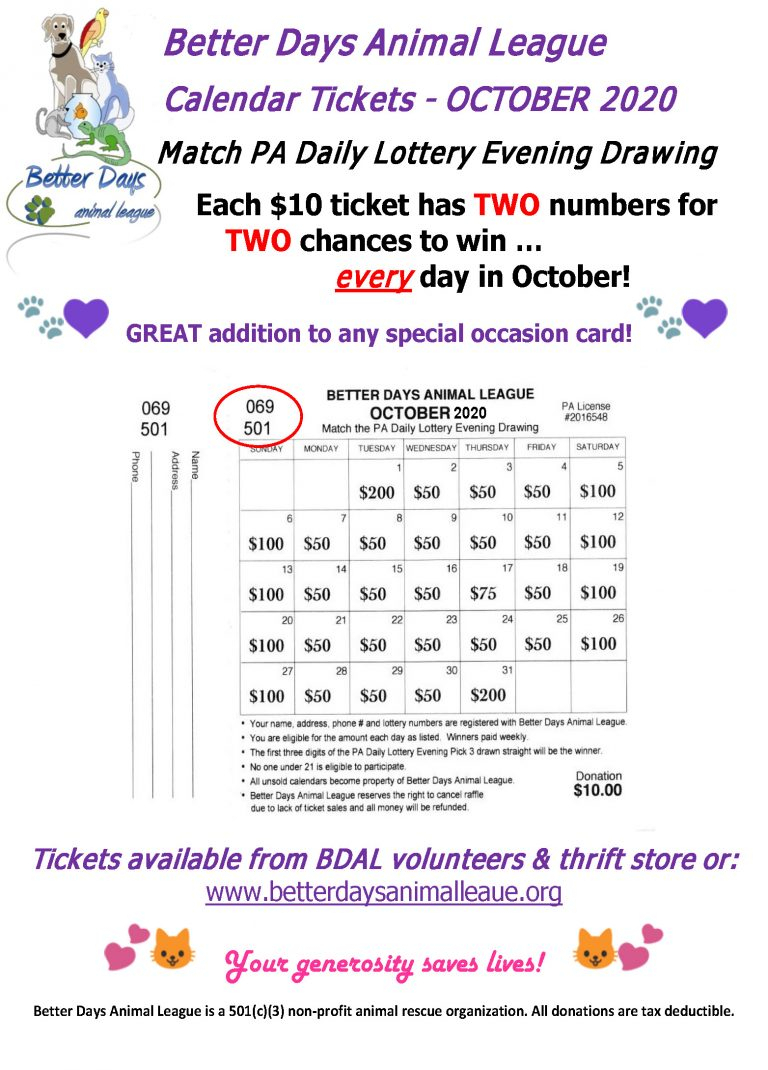 Upcoming Events - Calendar Lottery Raffle - Better Days