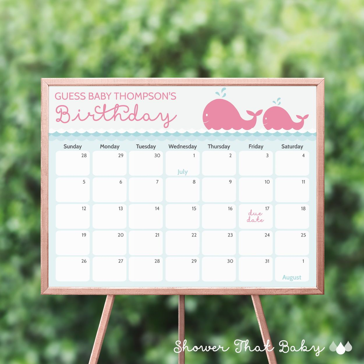 Whale Theme Baby Shower Birthday Predictions Calendar