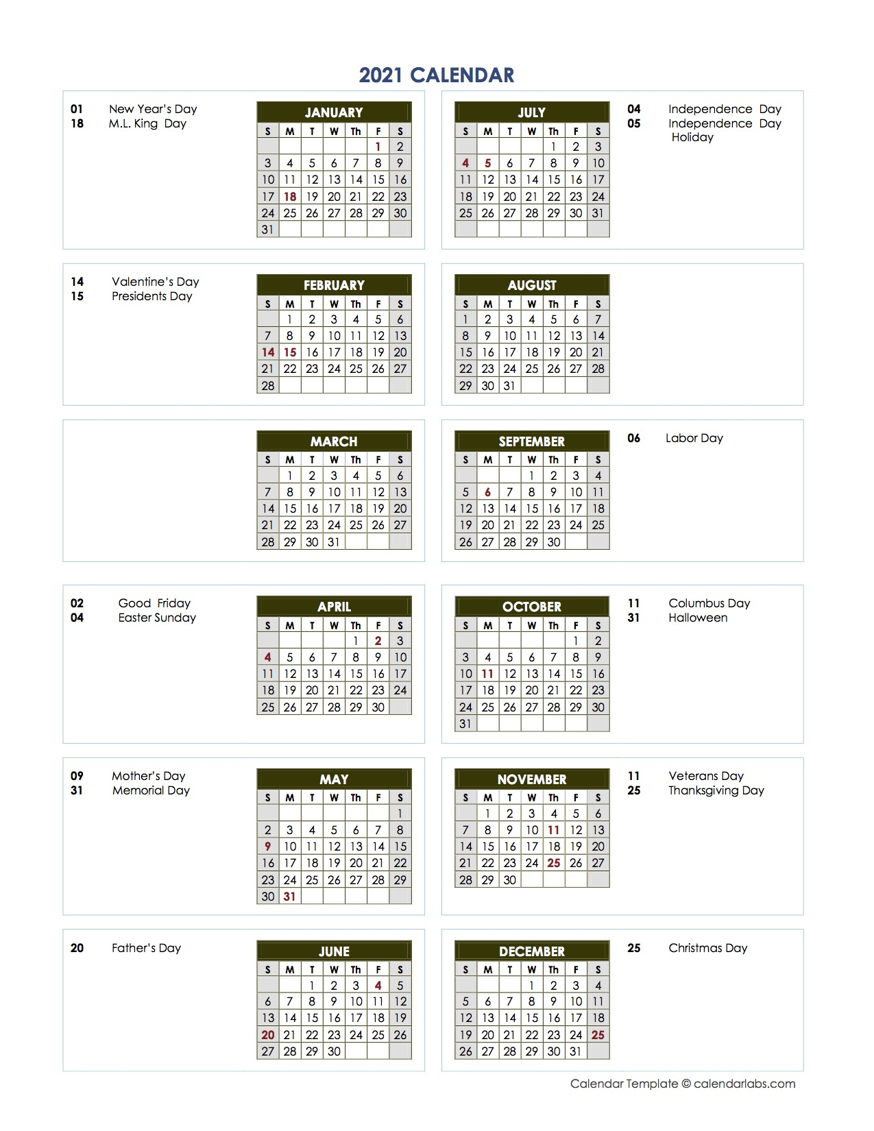 2021 Annual Calendar Vertical Template - Free Printable