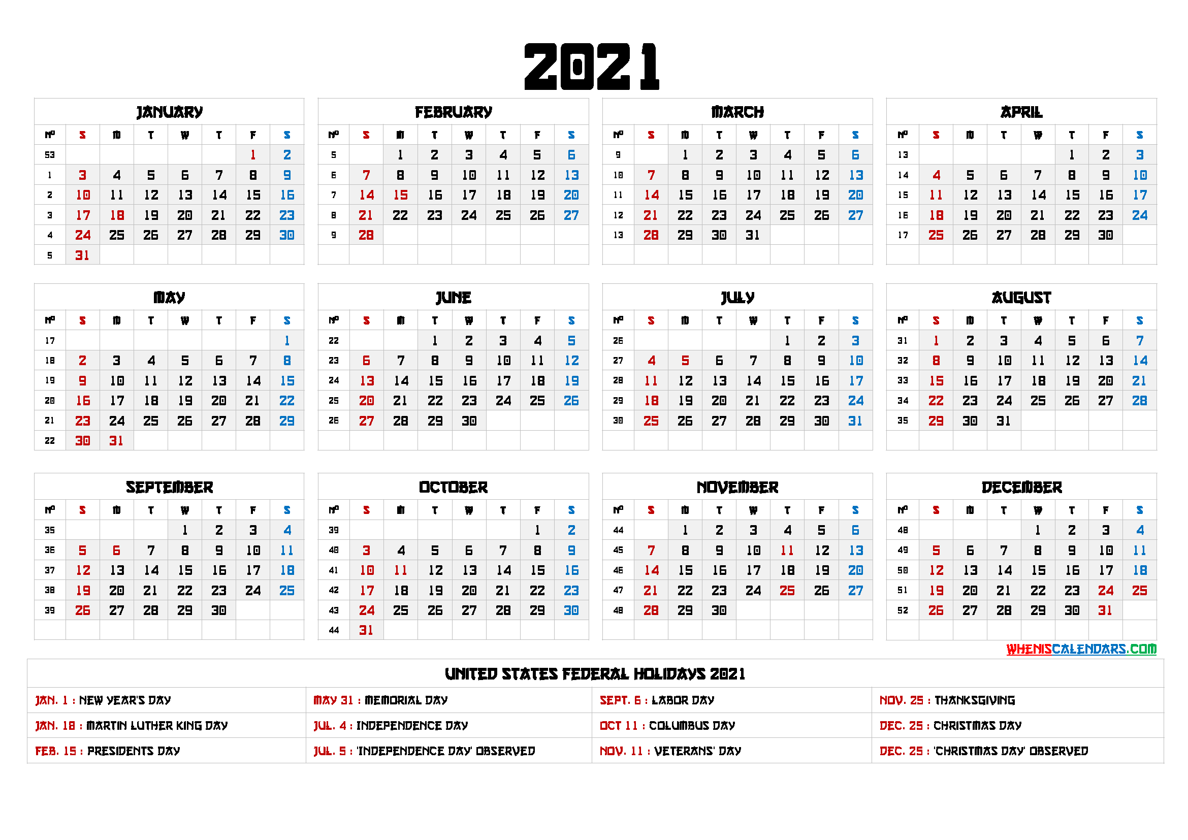 2021 Calendar With Week Number Printable Free - Calendar
