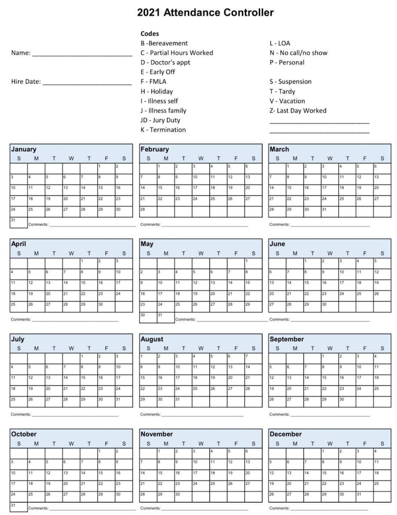 2021 Employee School Attendance Tracker Calendar Employee