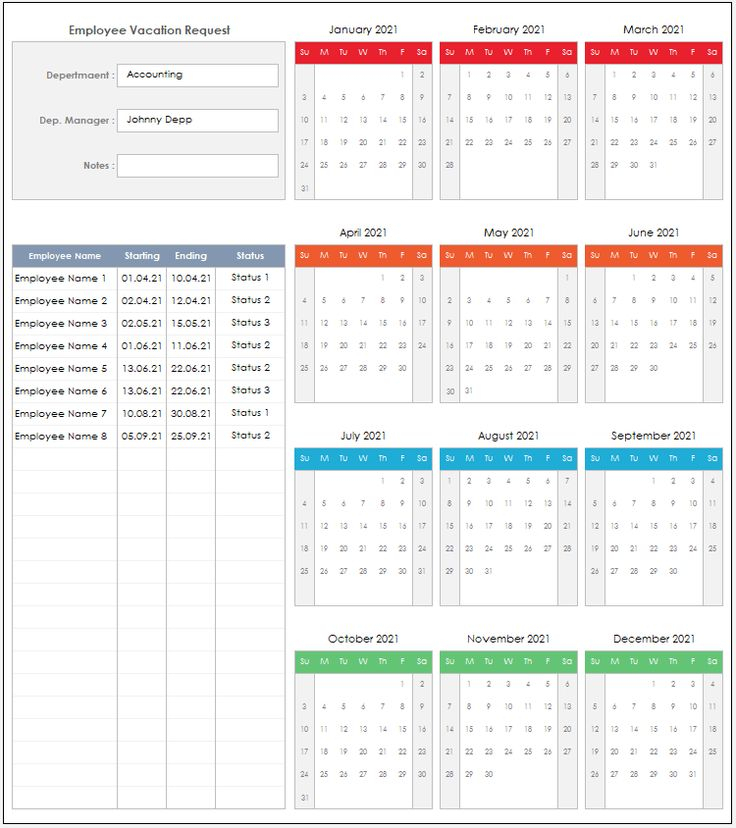 2021 Employee Vacation Request Excel Template Employee