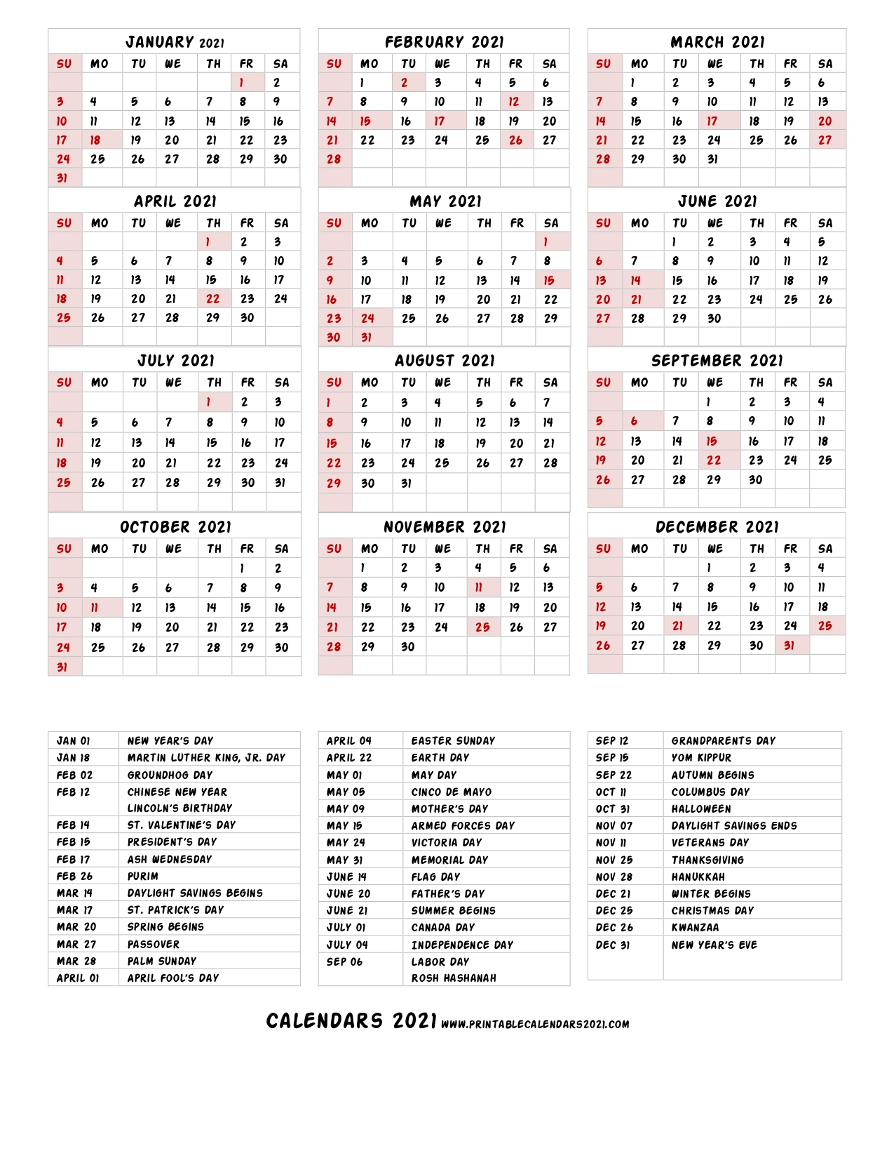 68+ Printable 2021 Yearly Calendar With Holidays, Portrait