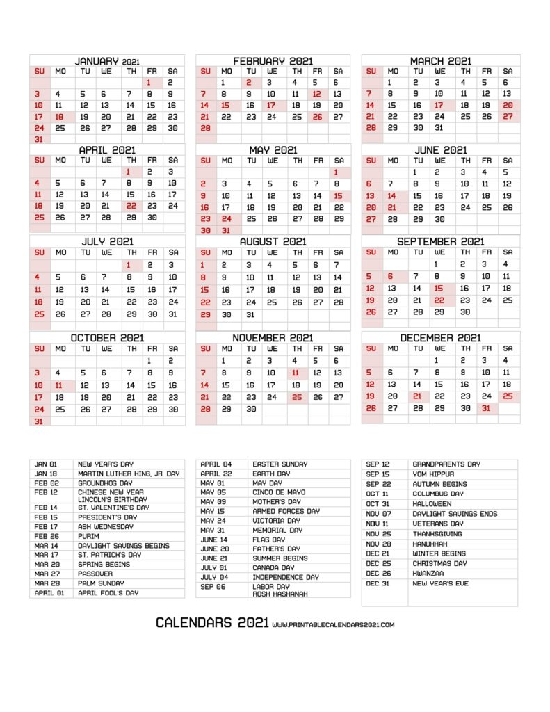 68+ Printable 2021 Yearly Calendar With Holidays, Portrait