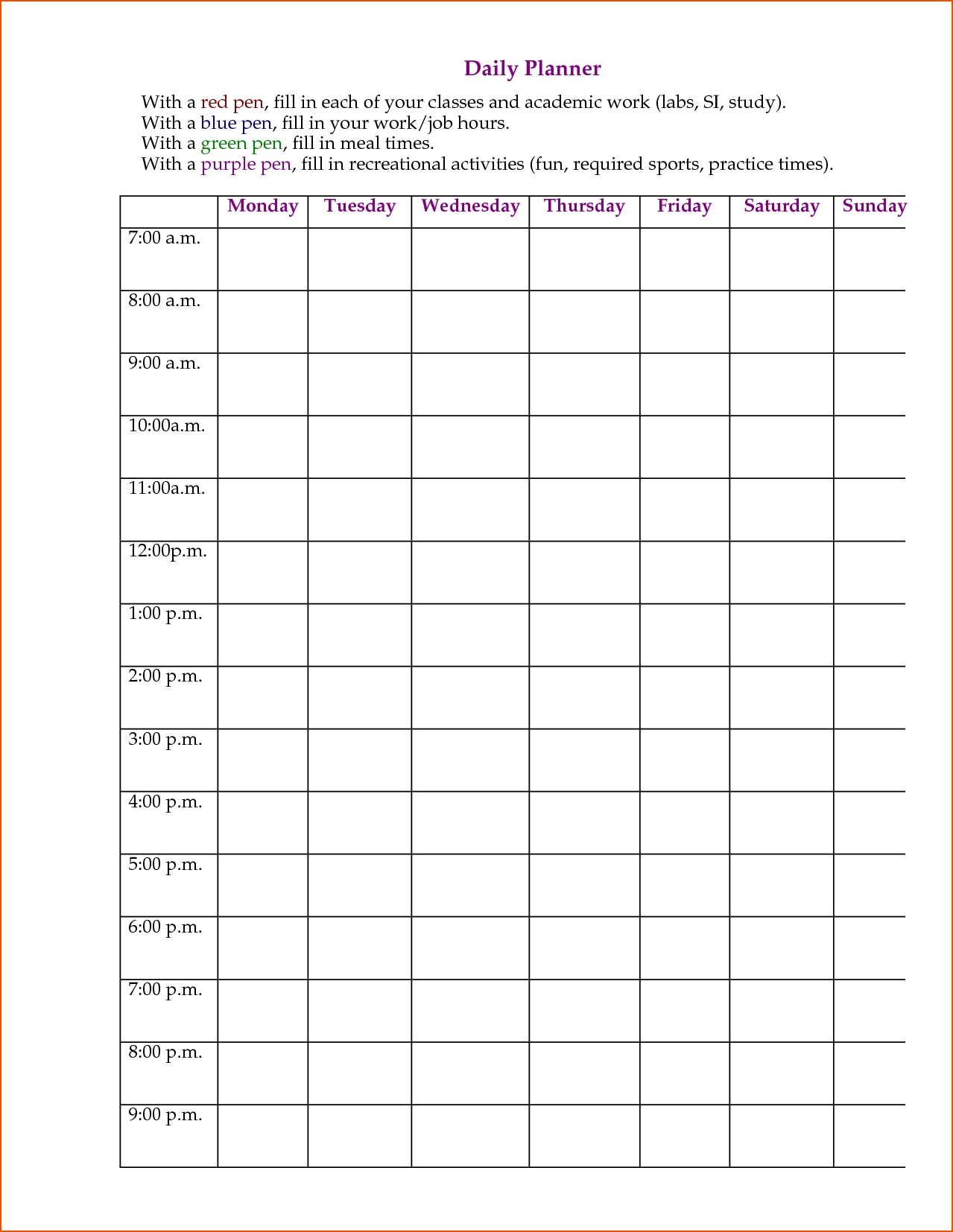 7 Day Weekly Planner Template Printable | Calendar