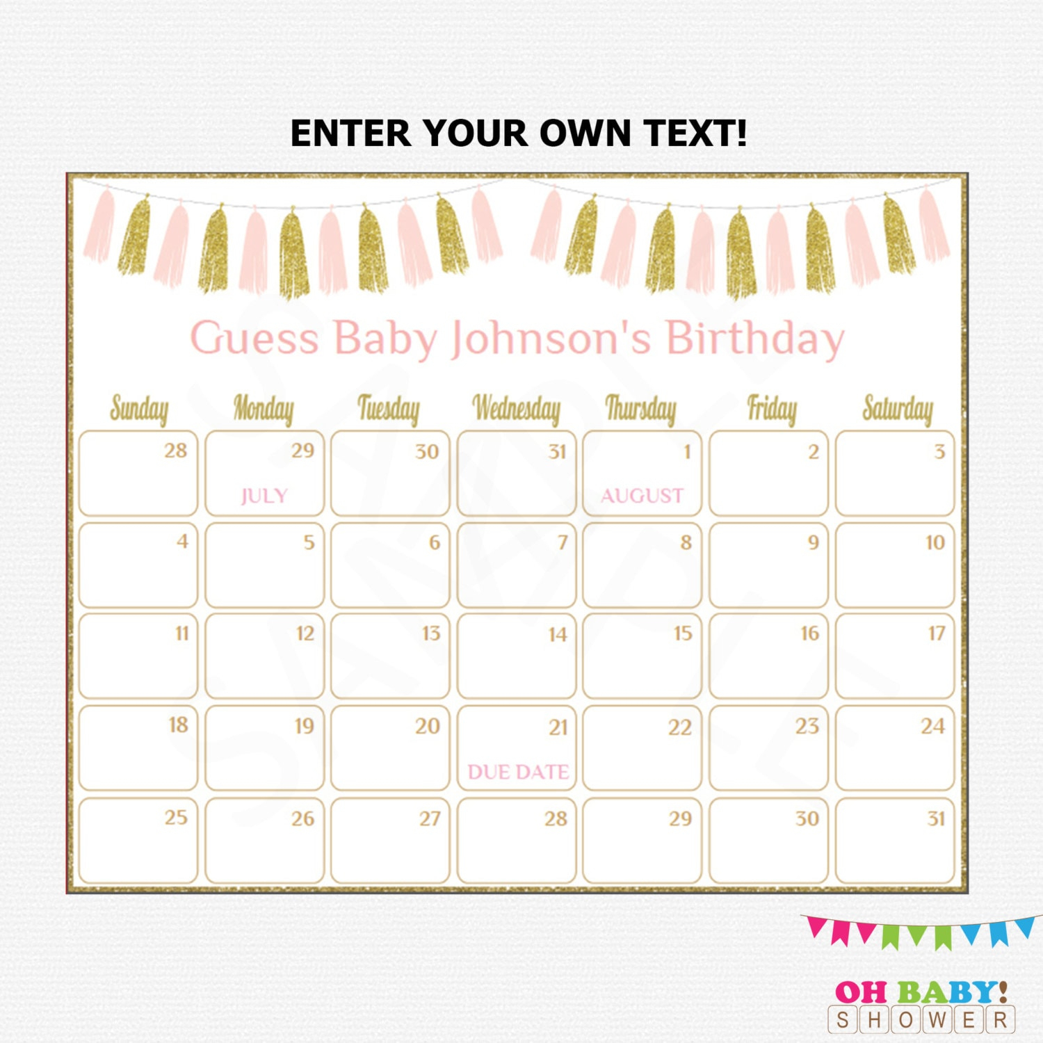 Baby Due Date Calendar Baby Shower Pink Gold Guess | Etsy