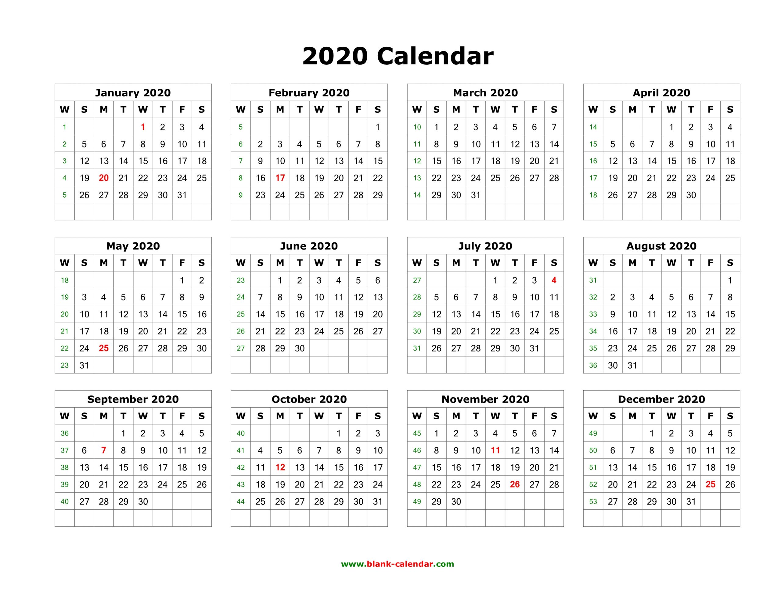 Best Templates: Printable Calendar 2020 Yearly