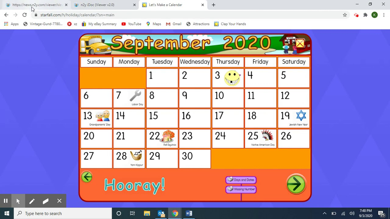 Class Meeting: September 3, 2020 Starfall Music/Calendar