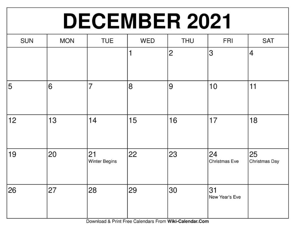 December Calendar 2021 With Holidays - Calendar 2021