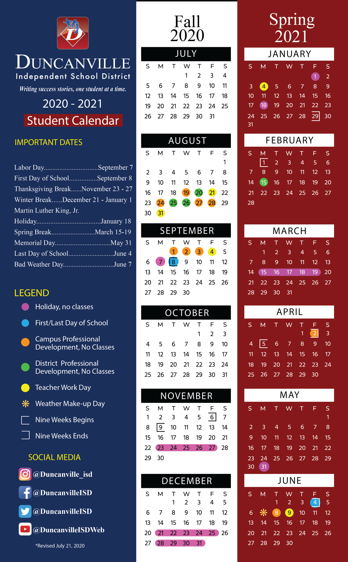 Duncanville Independent School District Calendar 2021