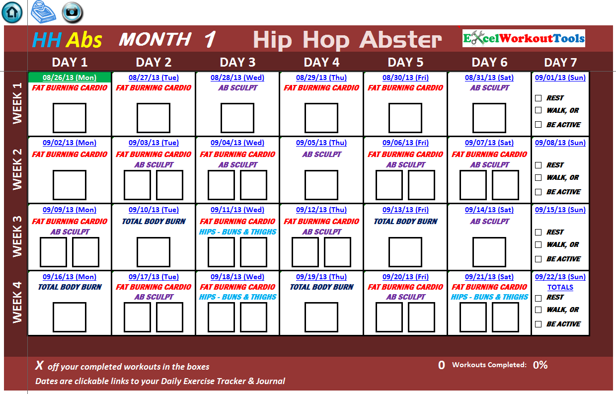 Excel Spreadsheet Workout Calendar &amp; Tracker Tool For Hip