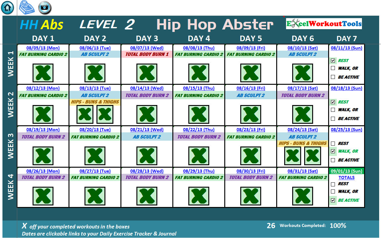 Excel Spreadsheet Workout Calendar &amp; Tracker Tool For Hip