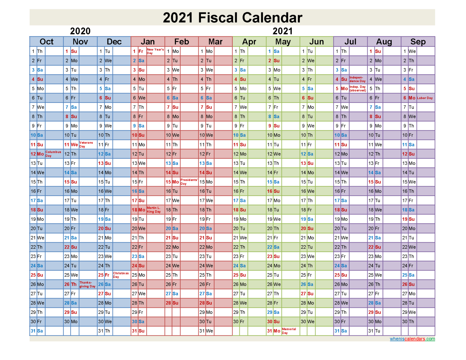 Federal Government Fiscal Year 2021 Calendar