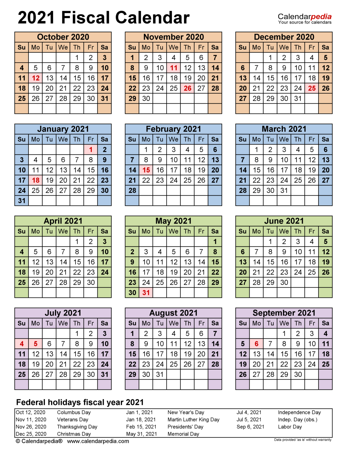 Fiscal Calendars 2021 - Free Printable Pdf Templates In