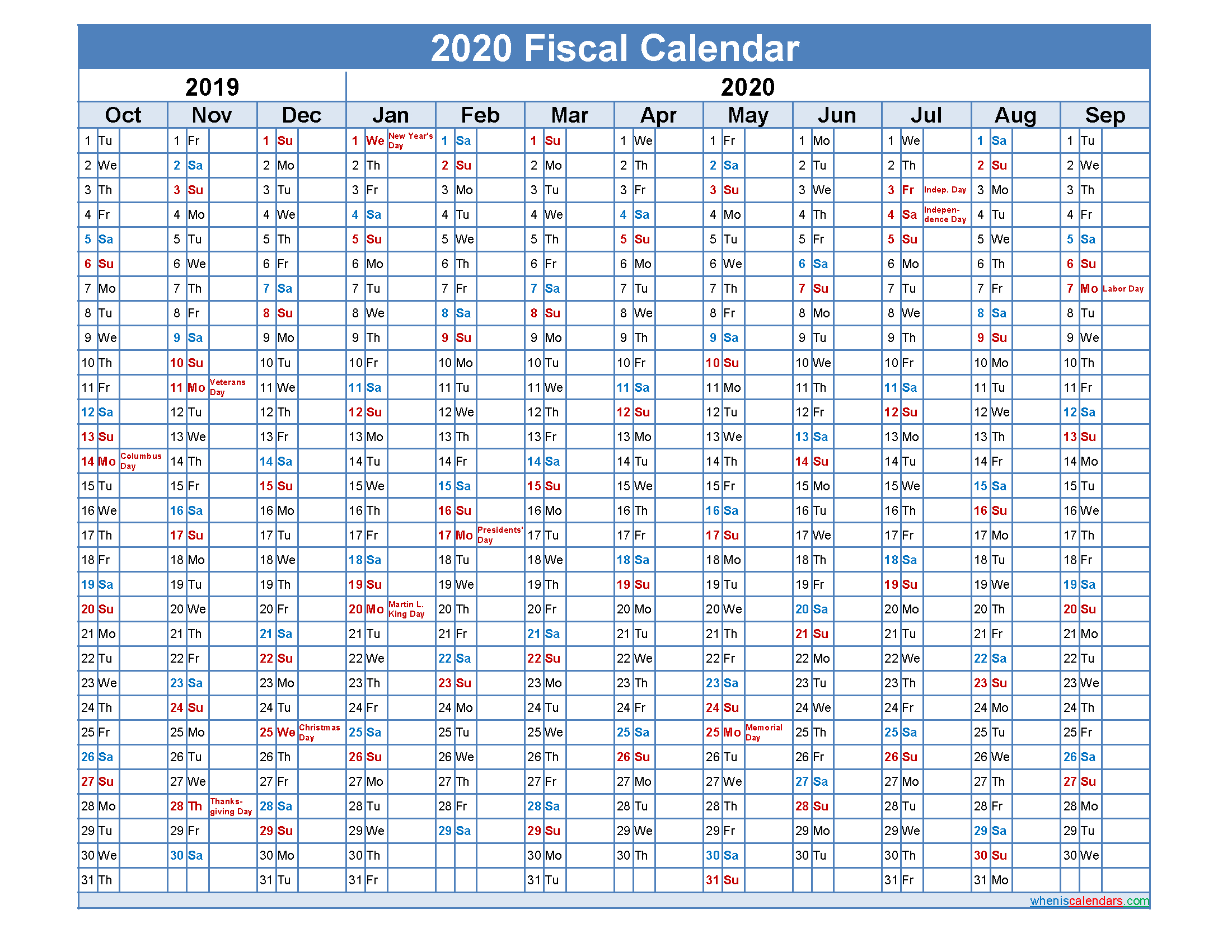 Fiscal Month Calendar 2020 - Template Nofiscal20Y32