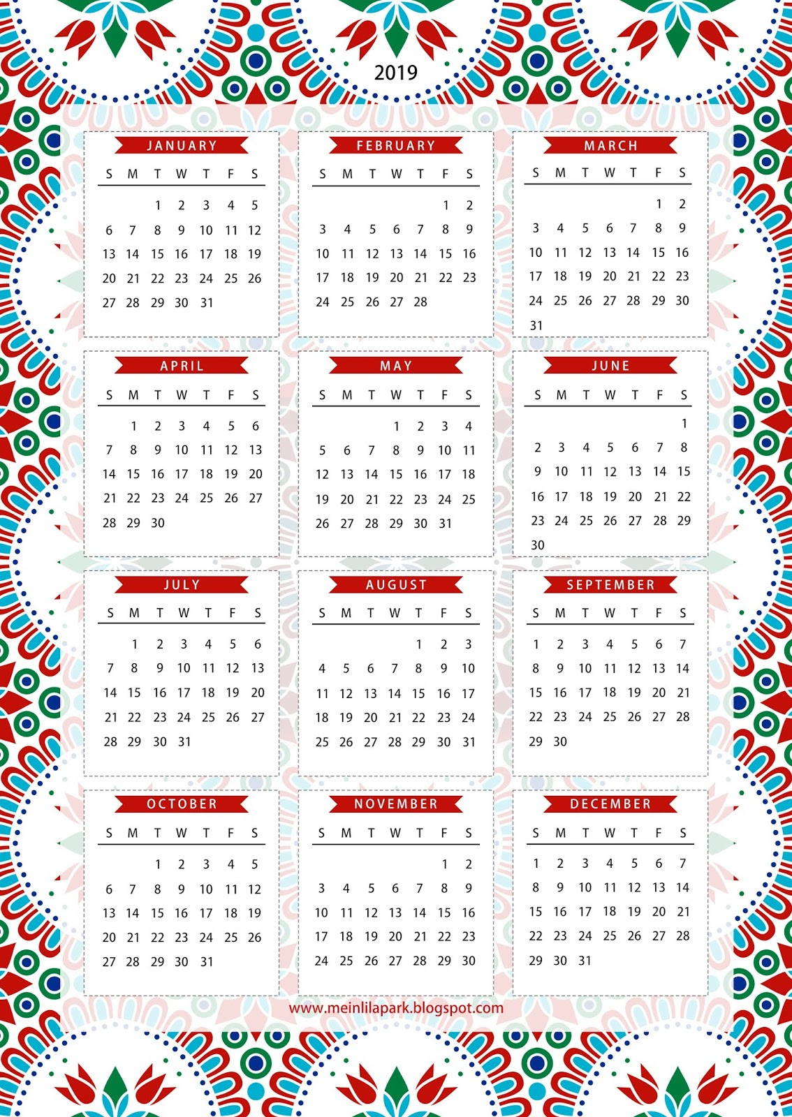 Free Printable 2019 One Page Calendar - Kalender - Freebie