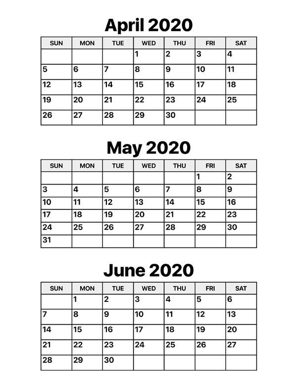 Free Printable April May June Calendar 2020 Templates In
