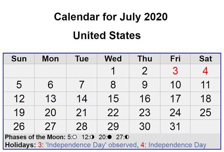 July 2020 United States Calendar With All Holidays