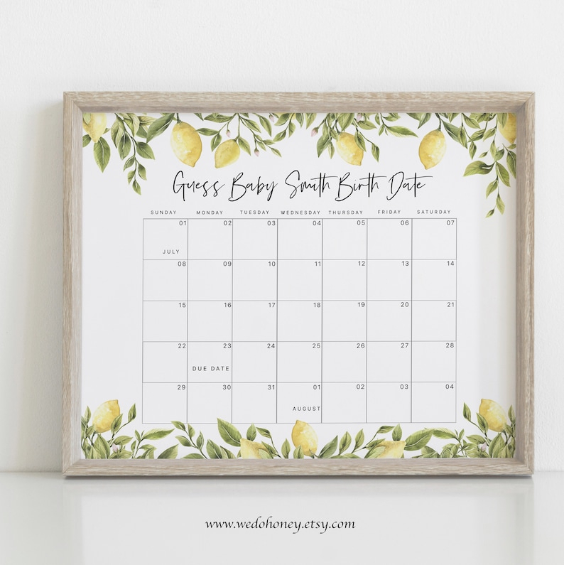 Lemon Baby Due Date Calendar Game Template Guess Baby&#039;S | Etsy