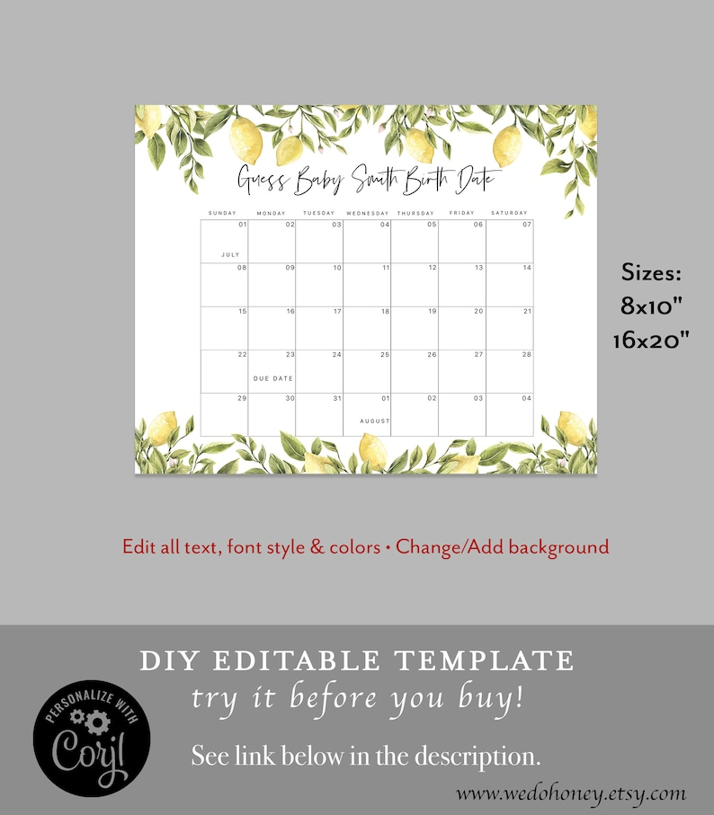 Lemon Baby Due Date Calendar Game Template Guess Baby&#039;S | Etsy