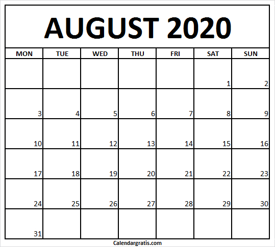 Monday Start August 2020 Printable Calendar Template You