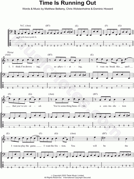 Muse &quot;Time Is Running Out&quot; Bass Tab In C Major - Download