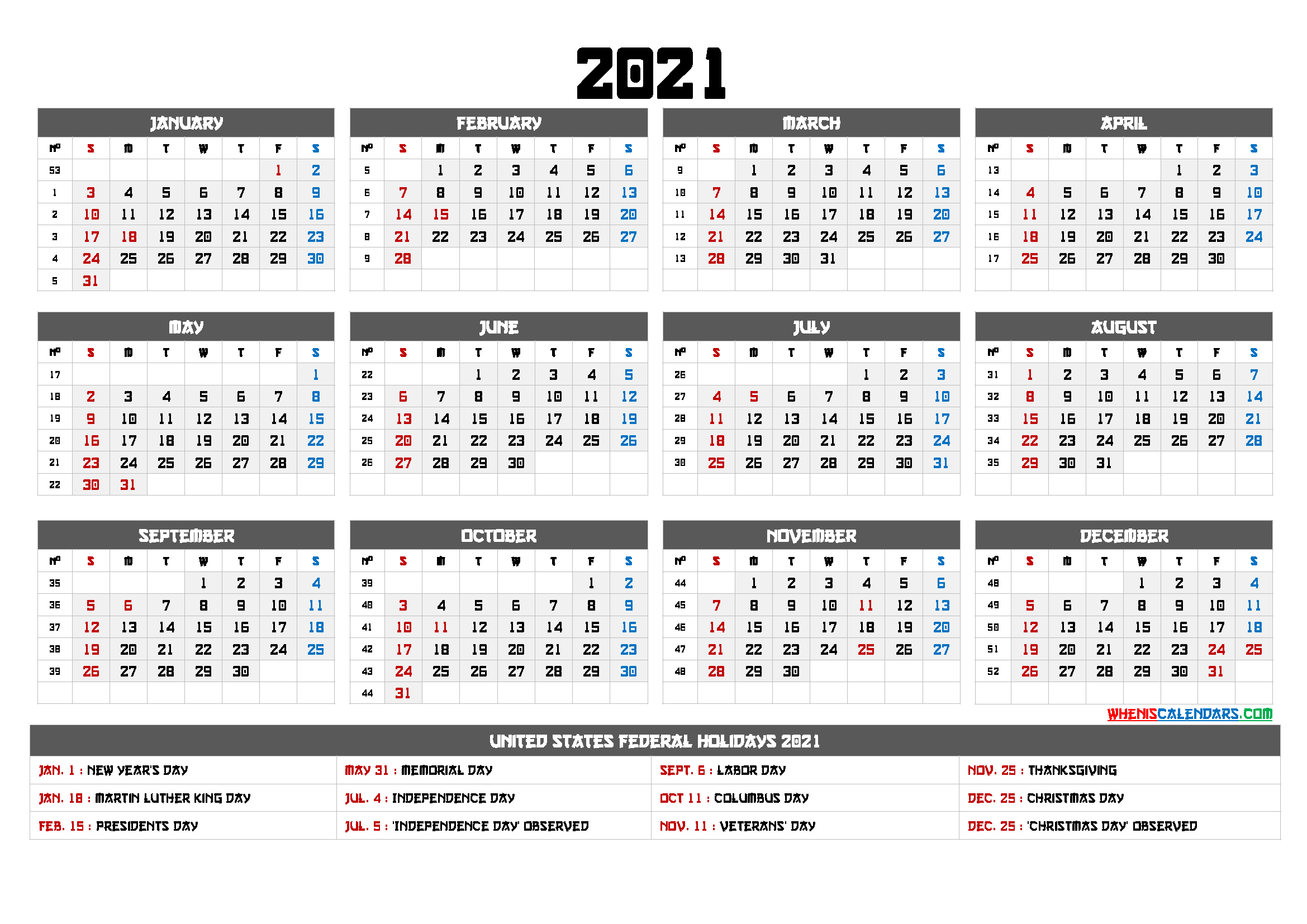 Printable 12 Month Calendar On One Page 2021 - 12 Templates