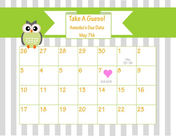 Printable Due Date Calendar // Baby Shower Game // Guess The